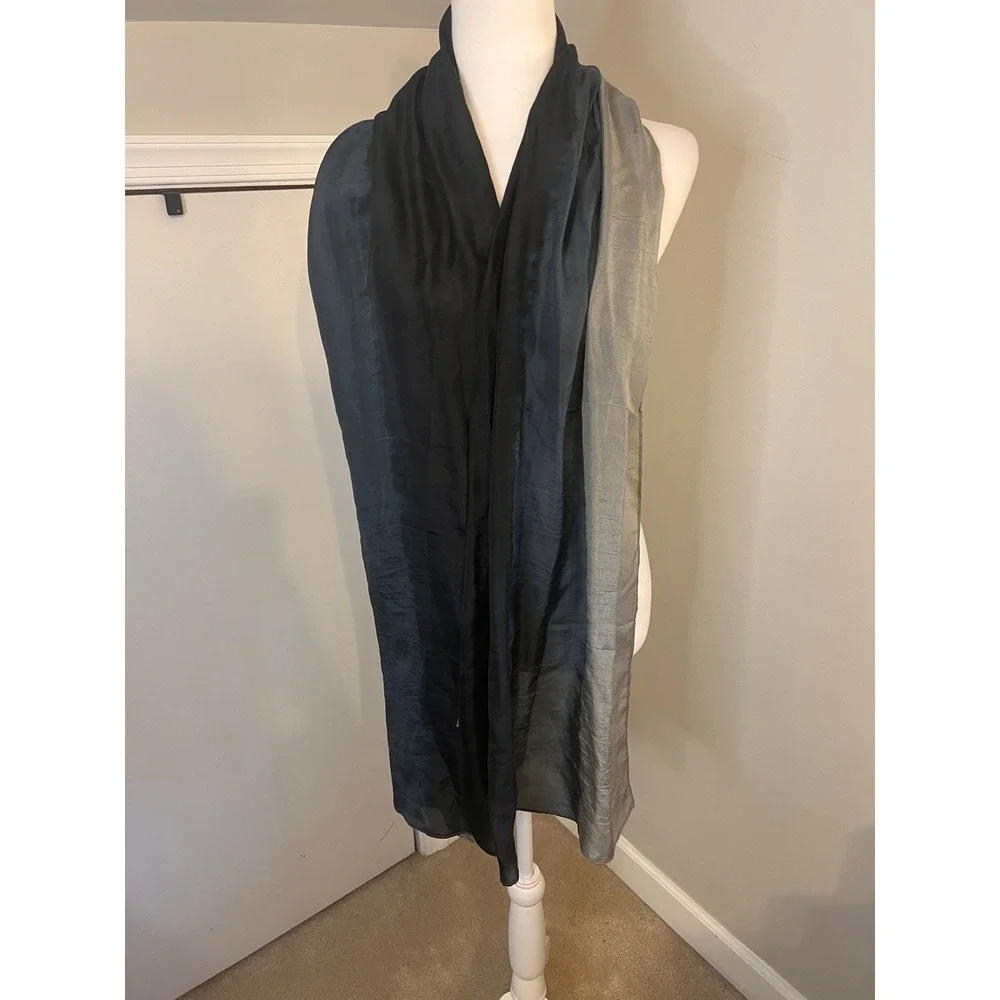Eileen Fisher Black Gray Blue Silk Scarf